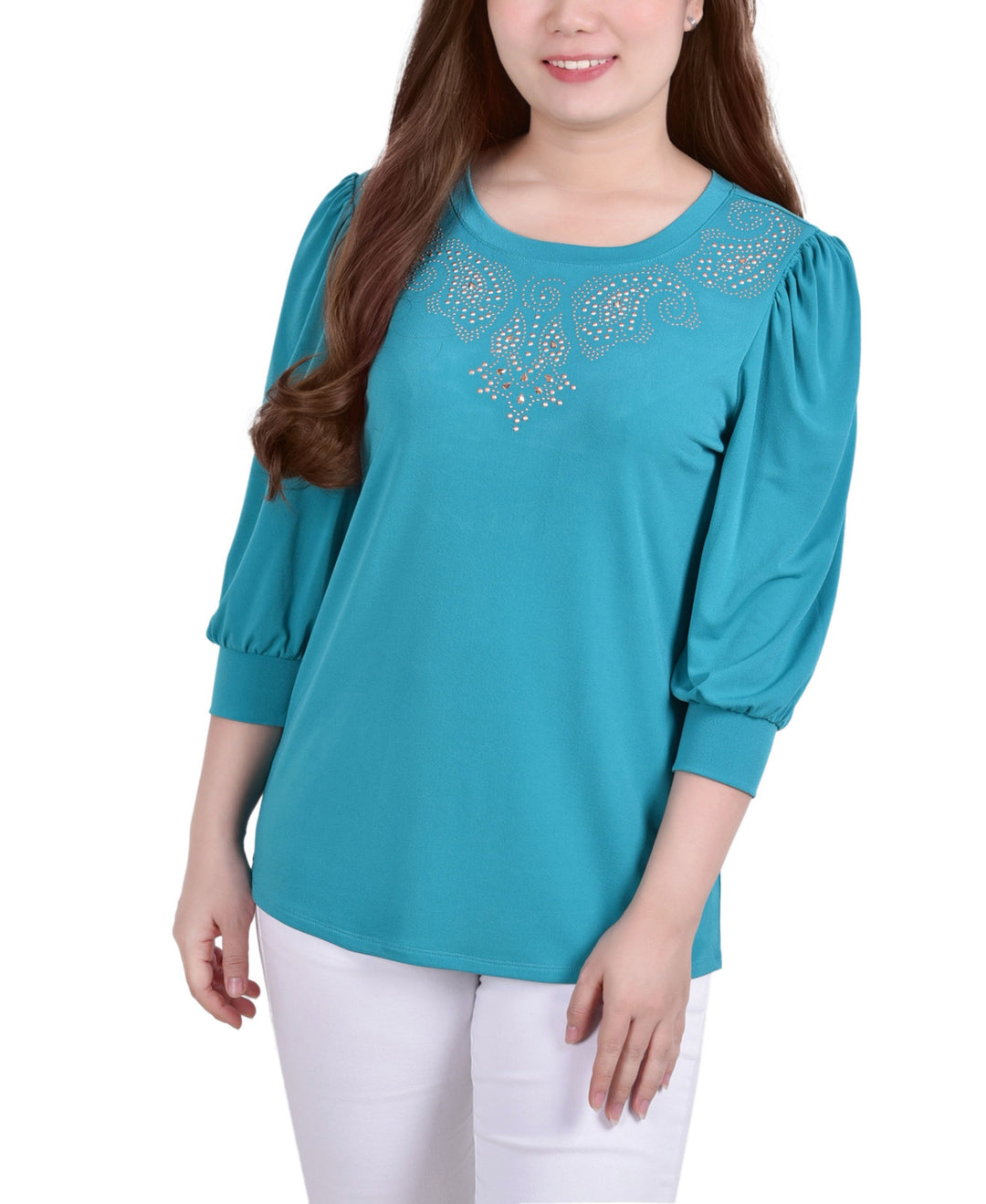 Petite Elbow Sleeve Crepe Studded Front Top