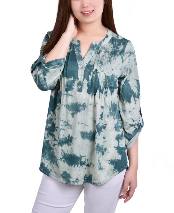 Petite Knit Jacquard 3/4 Sleeve Roll Tab Top