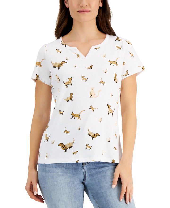 Karen Scott Petite Pet Parade Split Neck Top