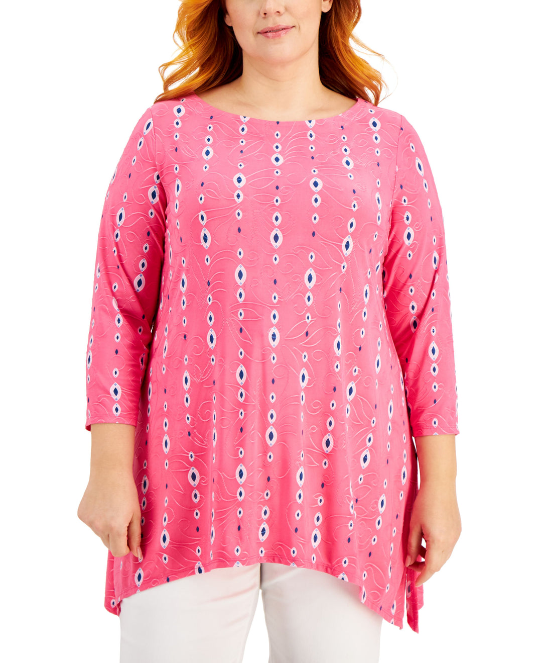 JM Collection Plus Size Printed Jacquard Handkerchief Hem Top