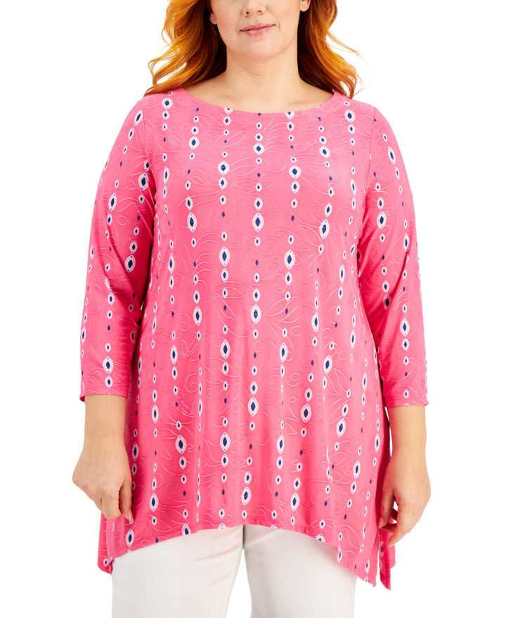 JM Collection Plus Size Printed Jacquard Handkerchief Hem Top