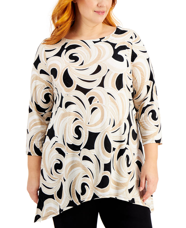 JM Collection Plus Size Printed Jacquard Handkerchief Hem Top