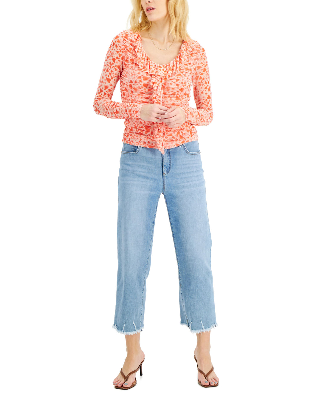 INC International Concepts Printed Ruffled Ruched Mesh Top