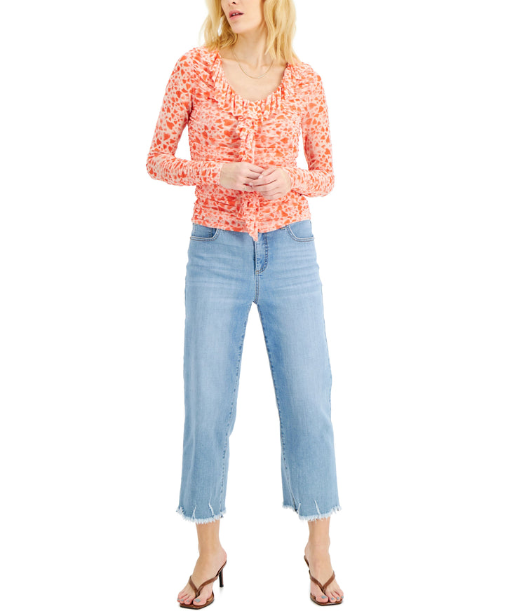 INC International Concepts Printed Ruffled Ruched Mesh Top