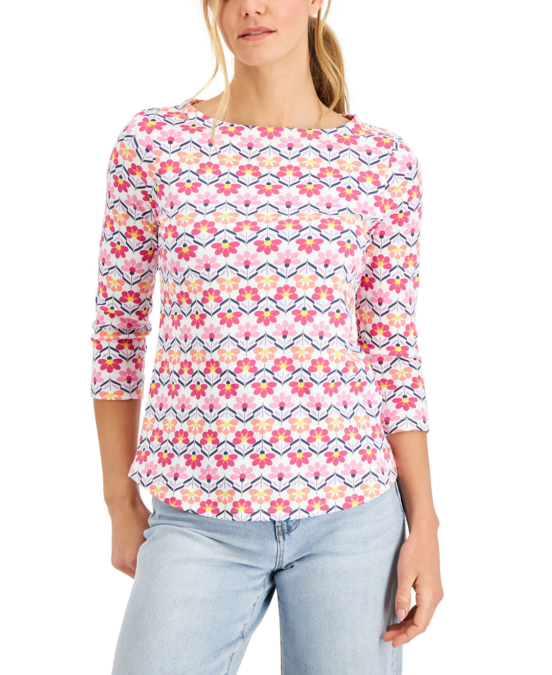 Charter Club Pima Cotton Floral Print Boat Neck Top