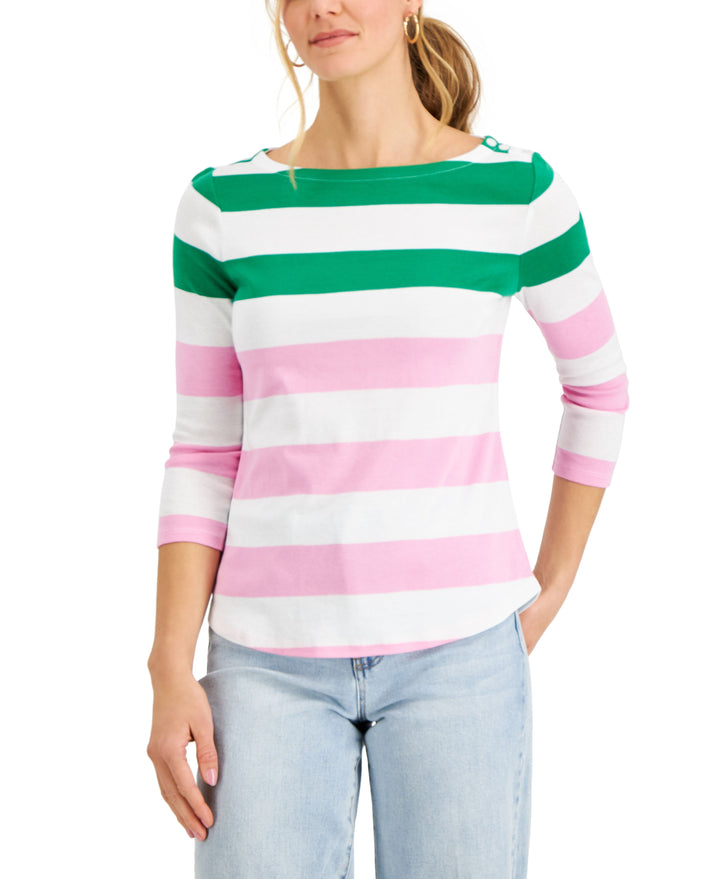 Charter Club Petite Striped Button Shoulder Top