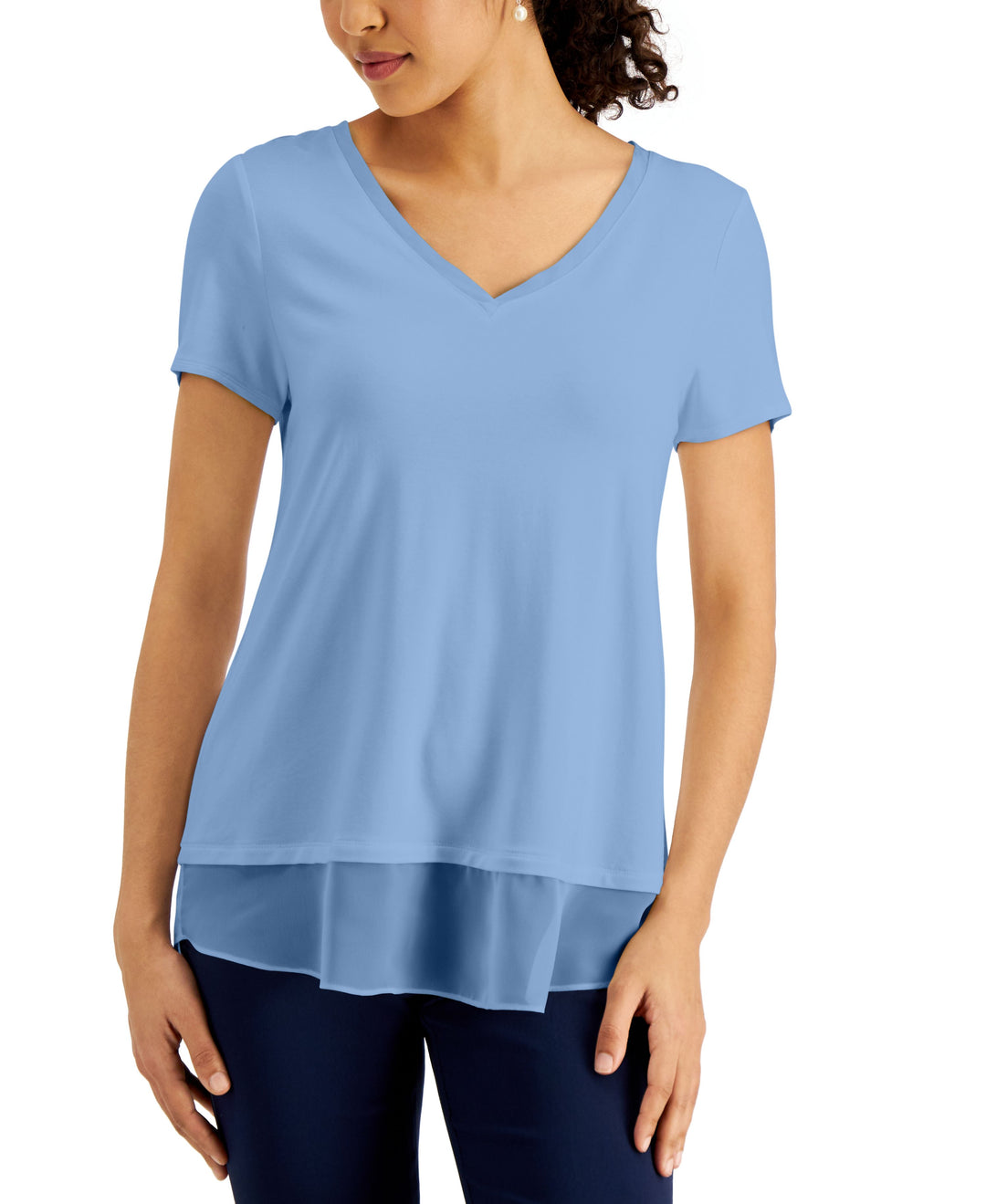 JM Collection V Neck Sheer Hem Top