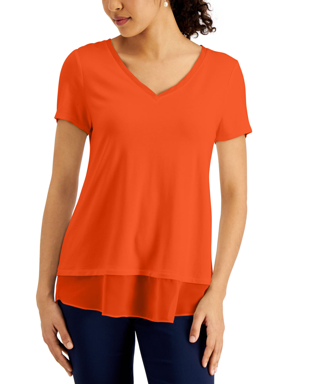 JM Collection V Neck Sheer Hem Top