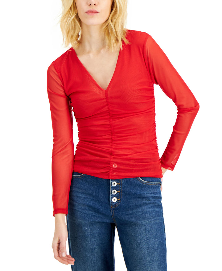 INC International Concepts Ruched Mesh V Neck Top