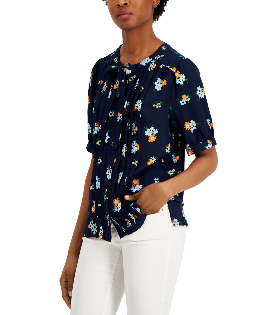 Charter Club Petite Floral Pintucked Blouse