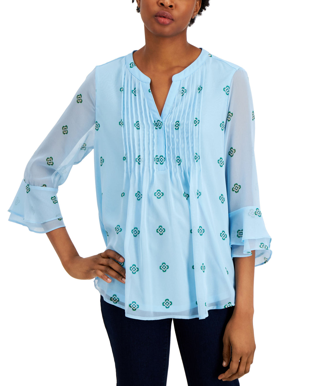 Charter Club Petite Printed Pintuck Top