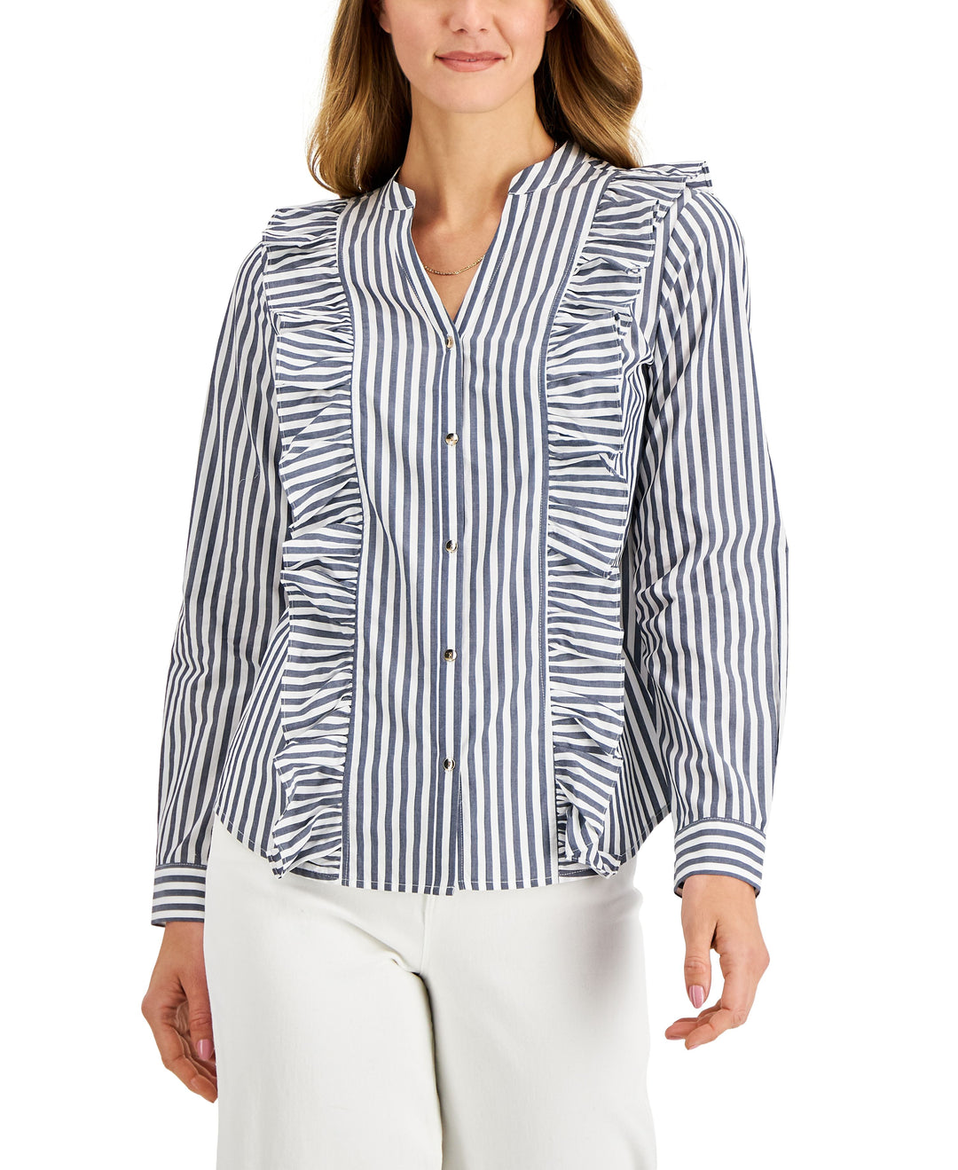 Charter Club Cotton Striped Ruffle Trim Blouse