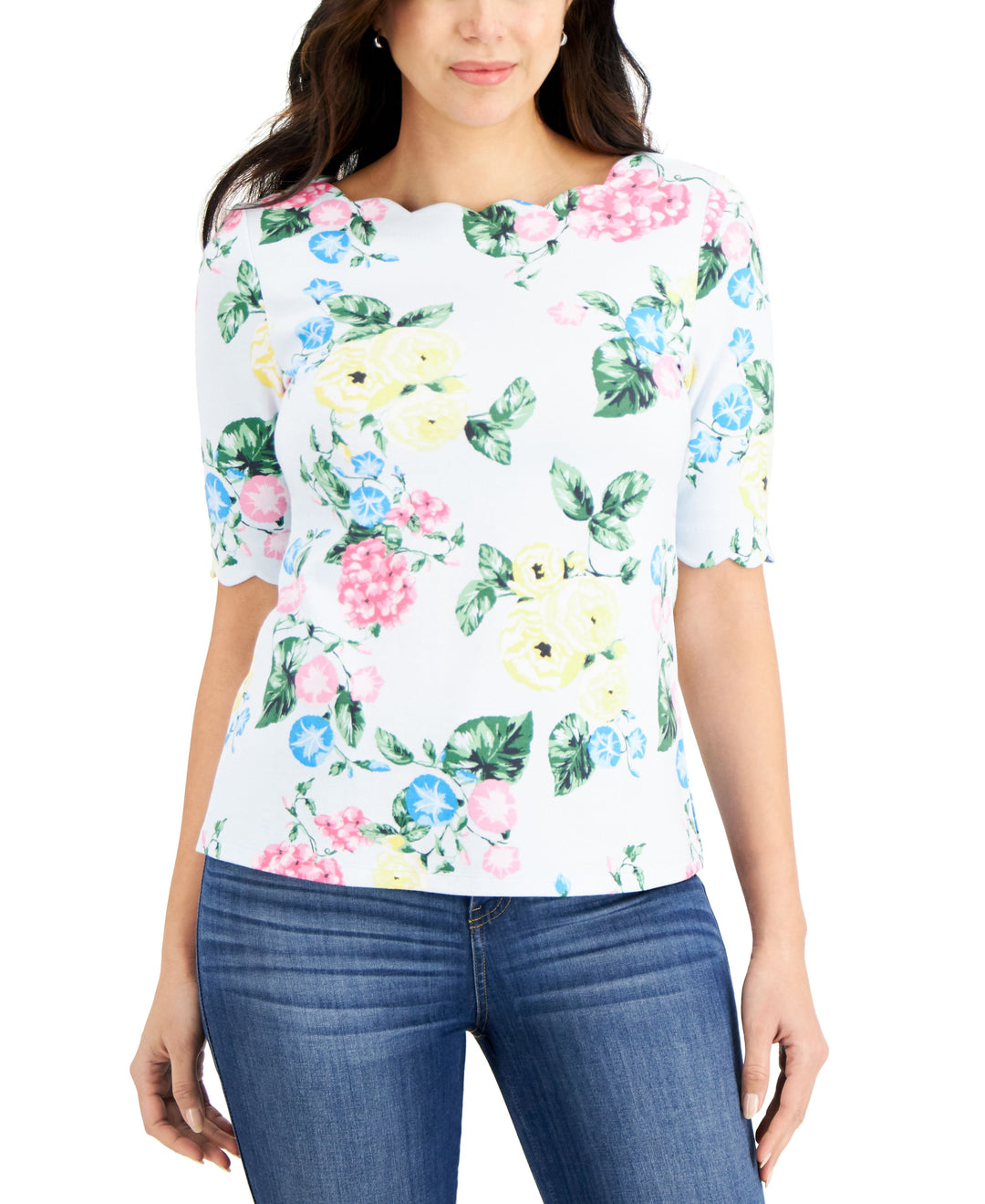 Charter Club Petite Floral Print Scalloped Top