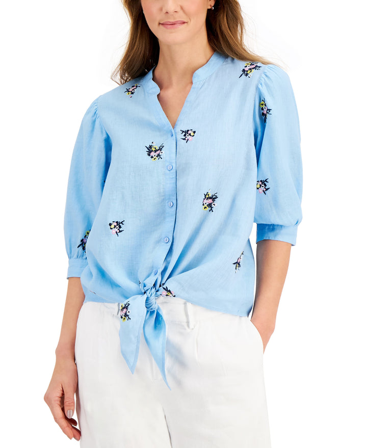 Charter Club Linen Embroidered 3/4 Sleeve Blouse