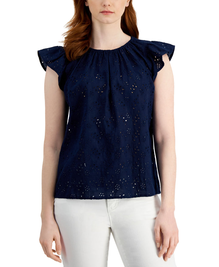 Charter Club Linen Flutter Sleeve Eyelet Top