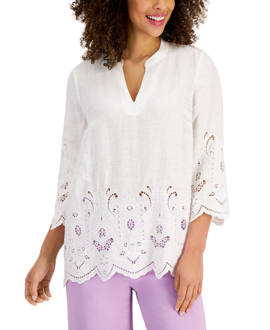 Charter Club Linen Embroidered Hem Tunic