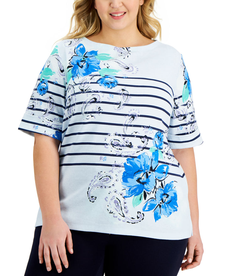 Karen Scott Plus Size Parisian Paisley Boat Neck Top