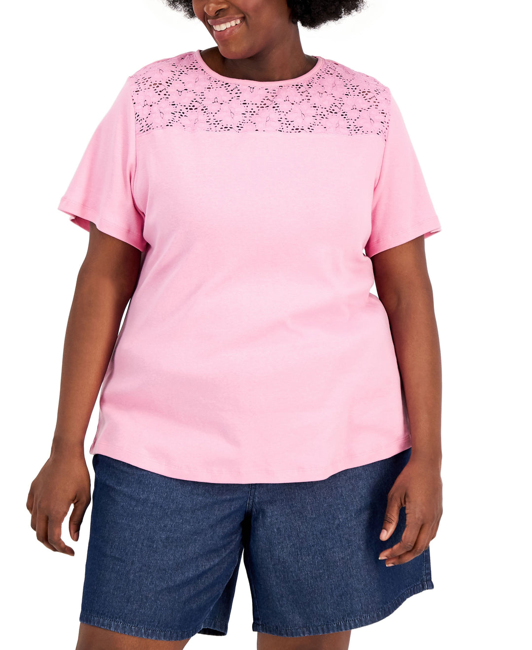 Karen Scott Plus Size Cotton Crochet Yoke Top
