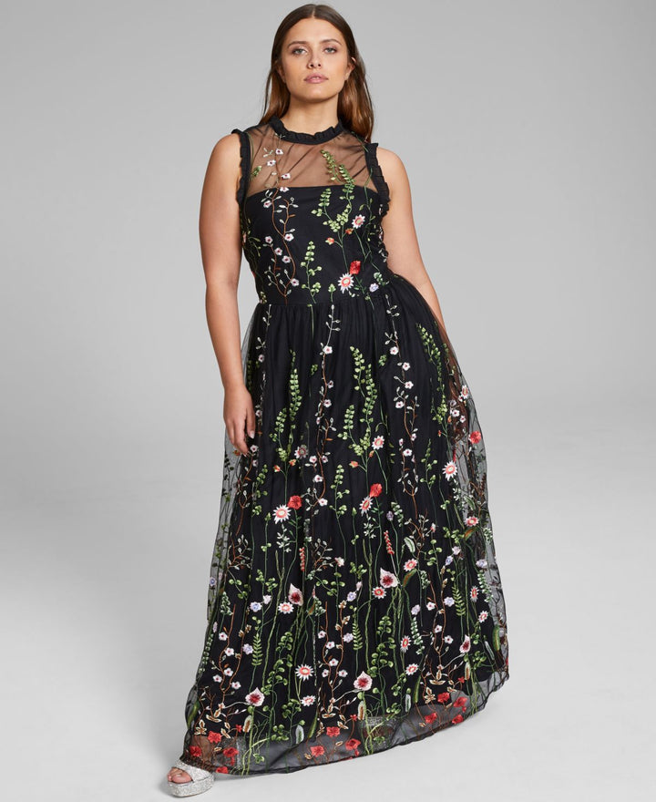 Trendy Plus Size Ruffle-Trim Embroidered Gown