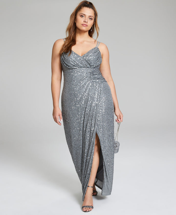 Trendy City Studios Juniors Plus Size Ruched Metallic Gown.