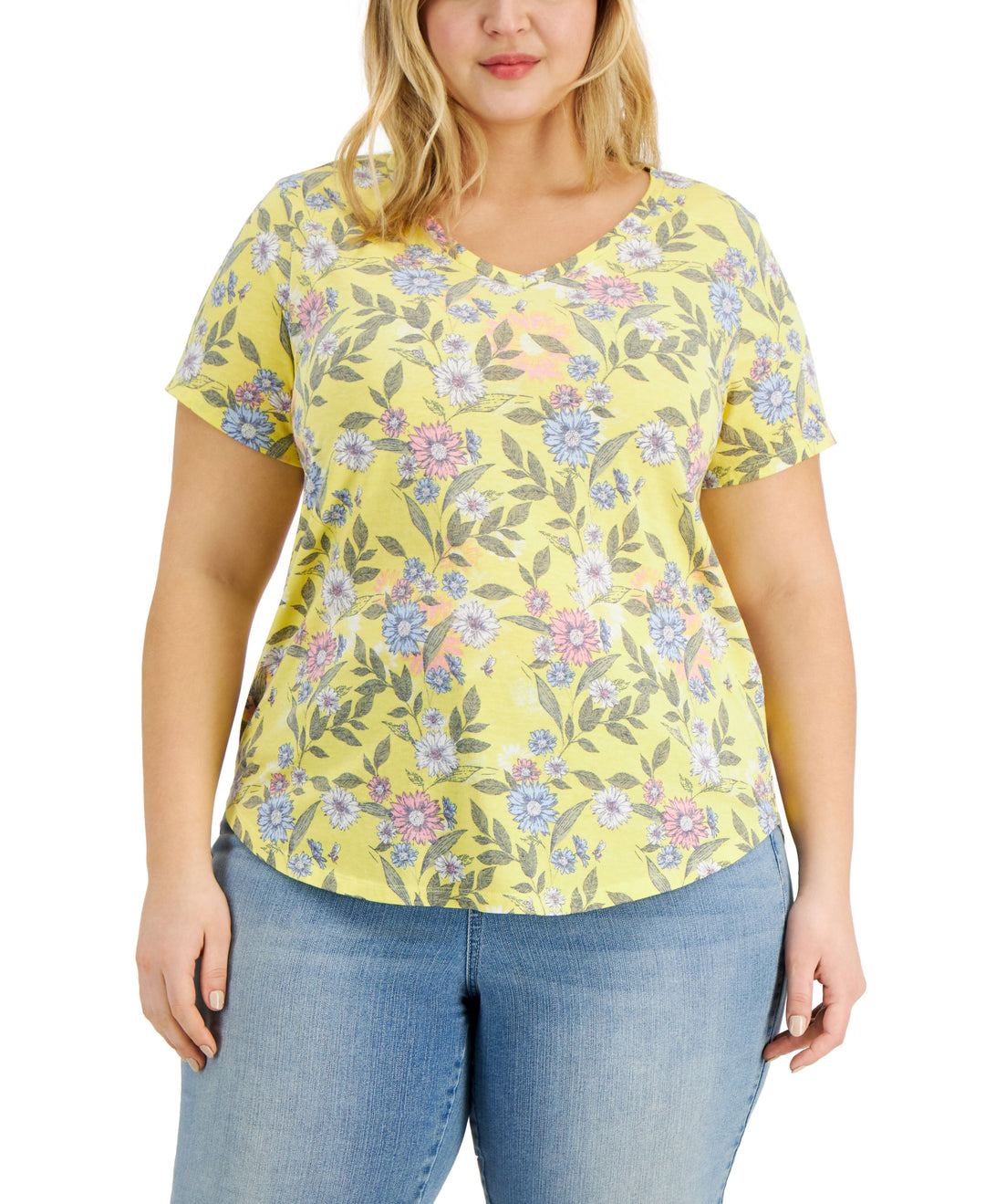 Style & Co Plus Size Printed Burnout V Neck Top