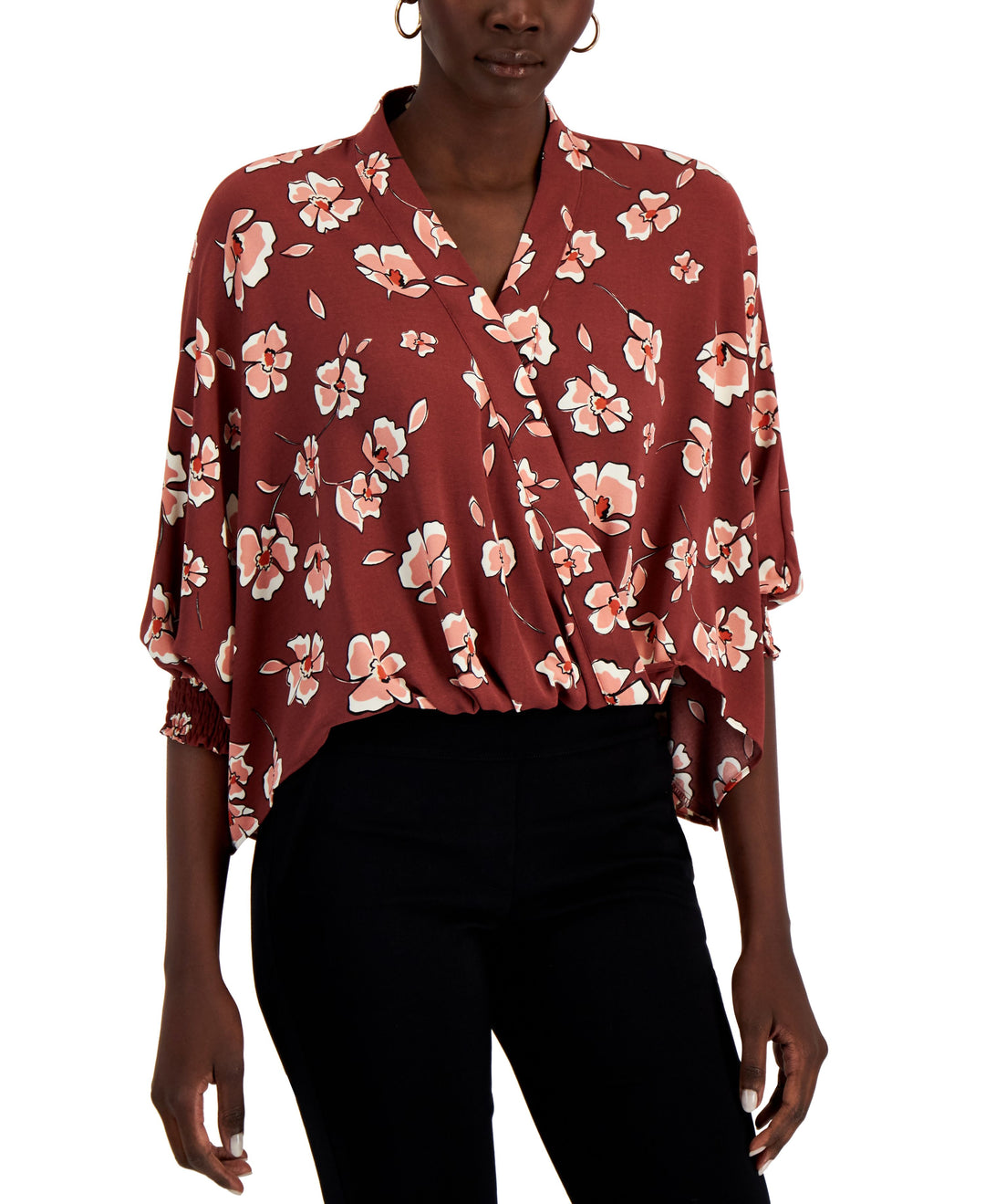 Alfani Faux Wrap Smocked Cuff Top