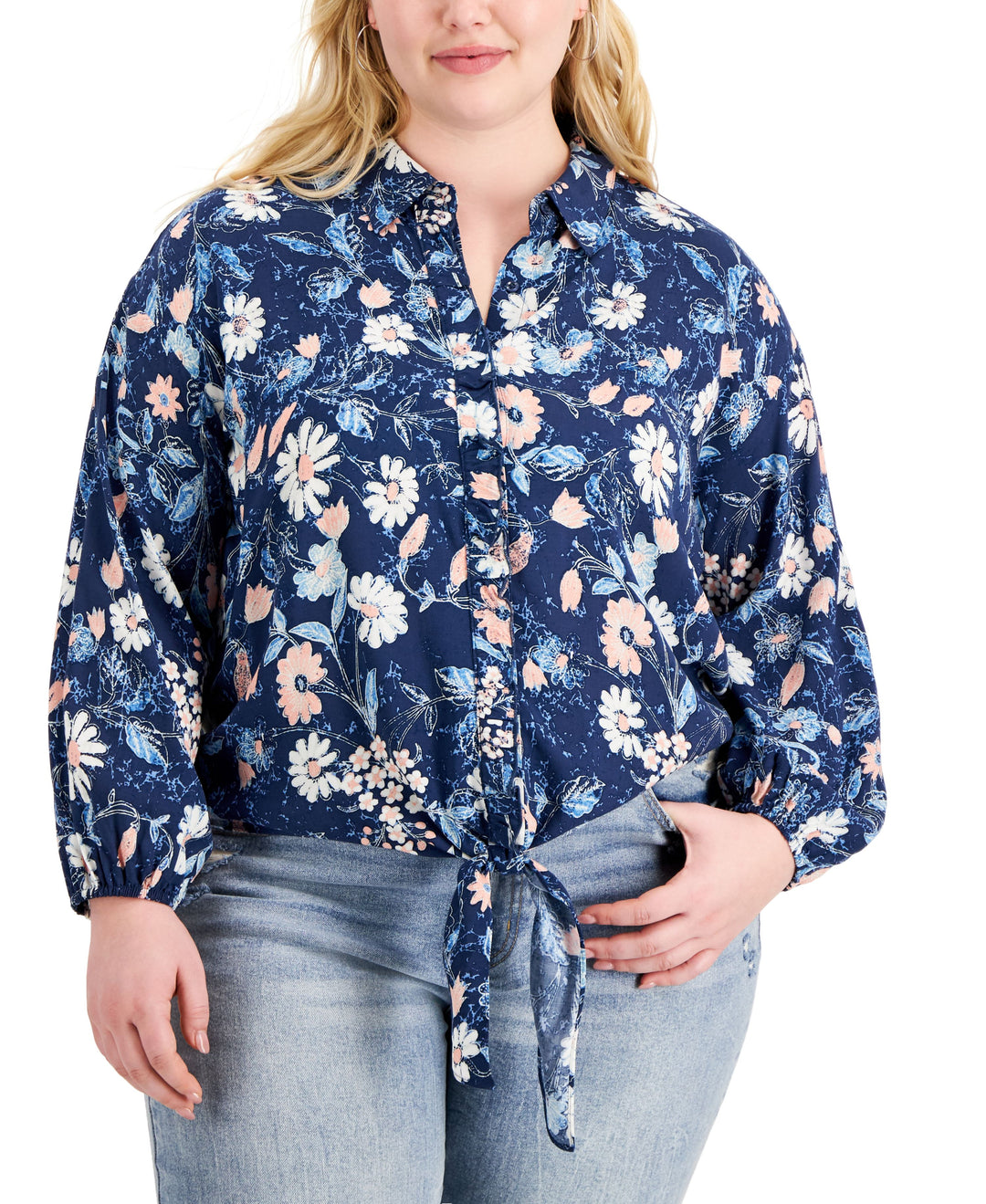 INC International Concepts Plus Size Printed Tie Front Blouse