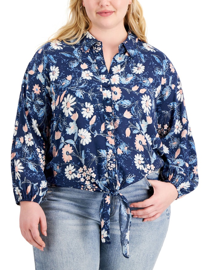 INC International Concepts Plus Size Printed Tie Front Blouse