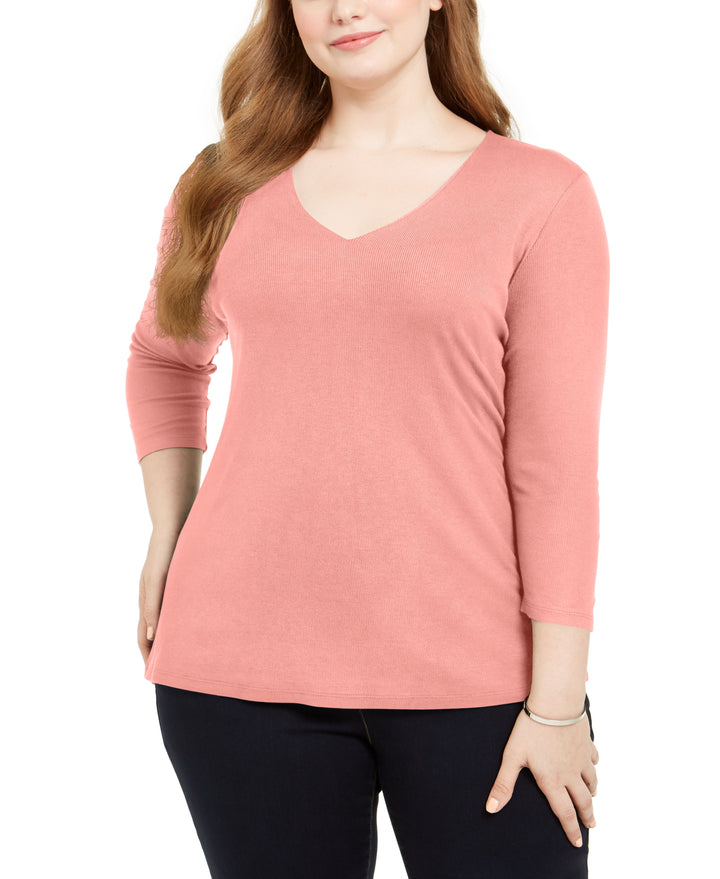 INC International Concepts Plus Size Ribbed V Neck Top