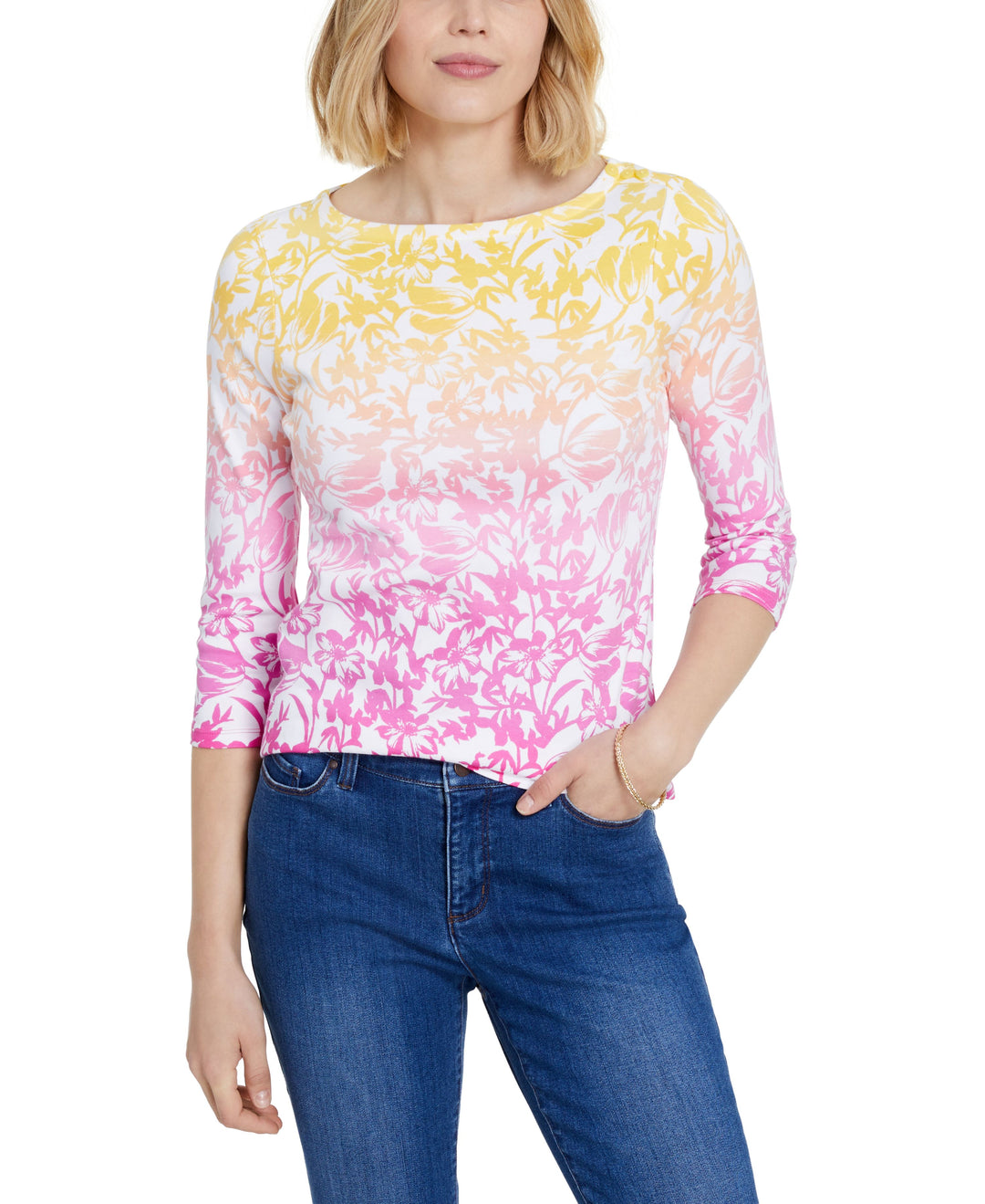 Charter Club Petite Floral Print 3/4 Sleeve Top