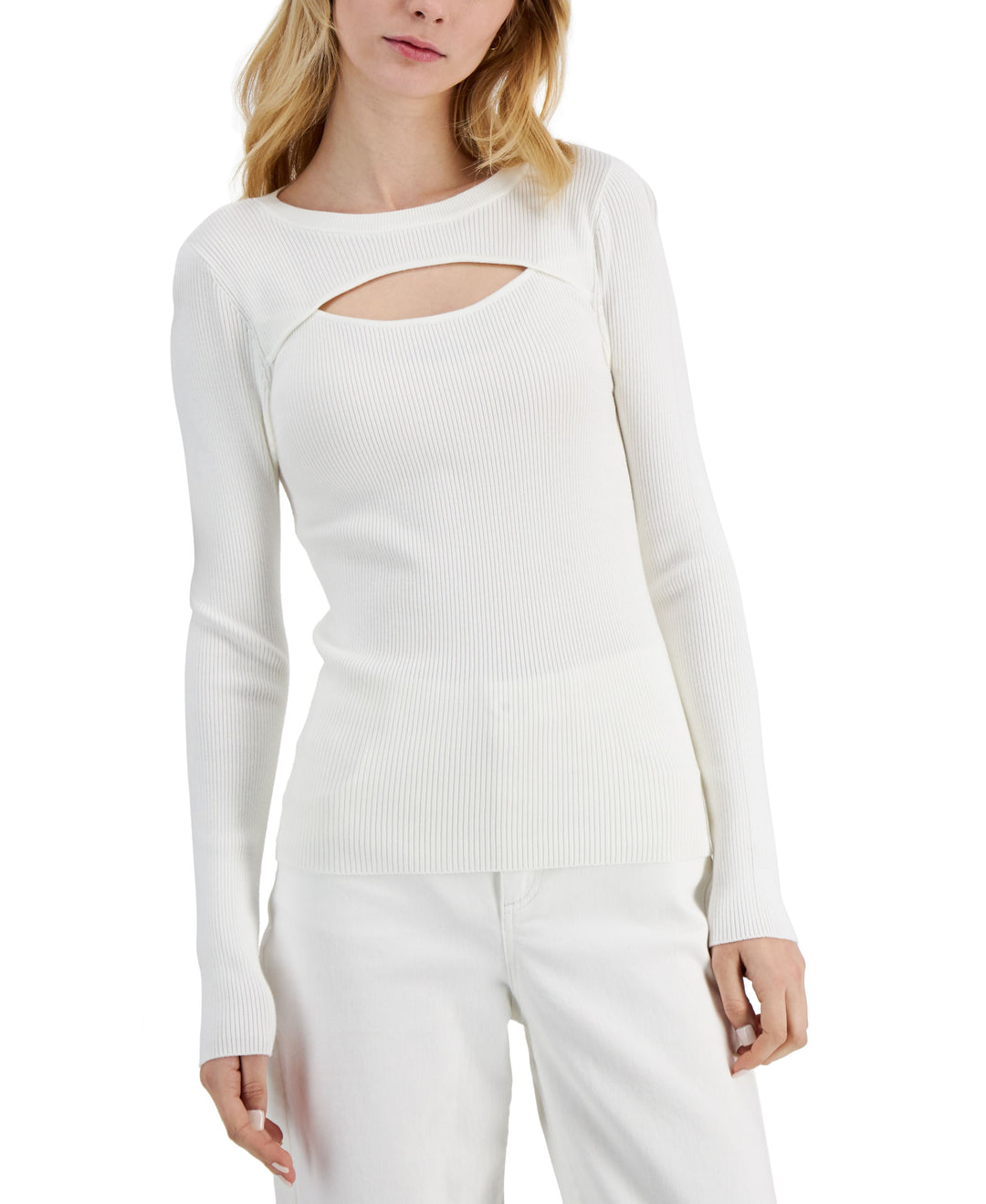 INC International Concepts Ribbed Cutout Crewneck Sweater