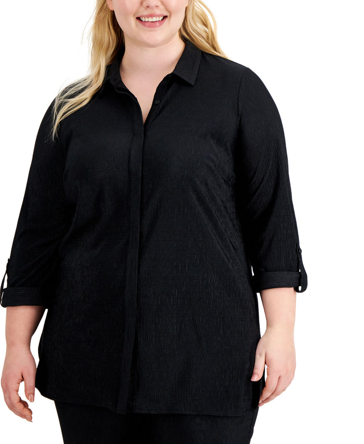 Alfani Plus Size Textured Button Front Top