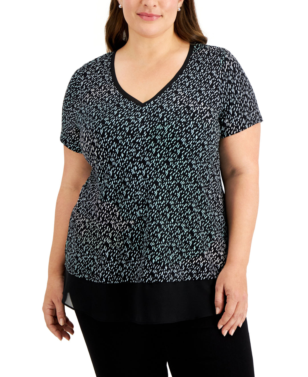 JM Collection Plus Size Printed V Neck Top