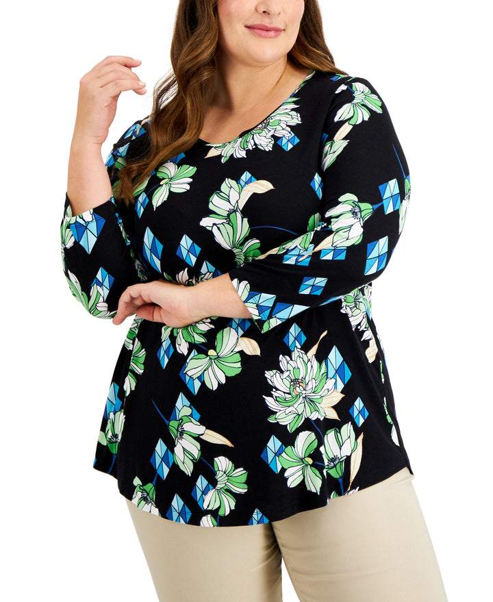 JM Collection Plus Size Printed 3/4 Sleeve Top