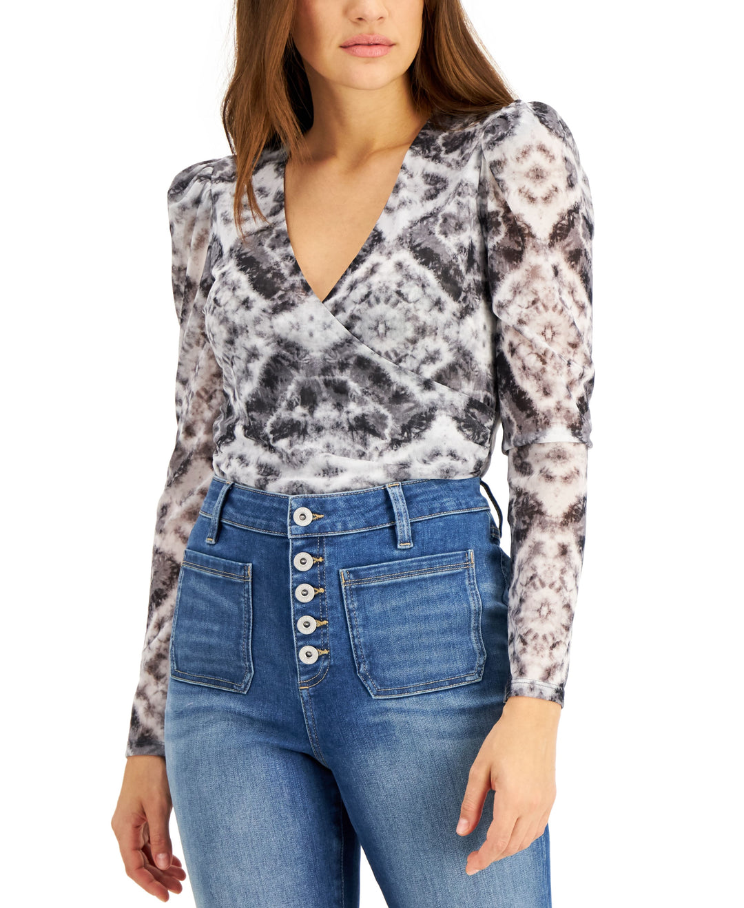 INC International Concepts Printed Mesh Surplice Top