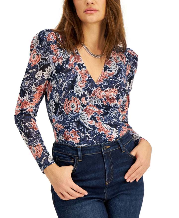 INC International Concepts Printed Mesh Surplice Top