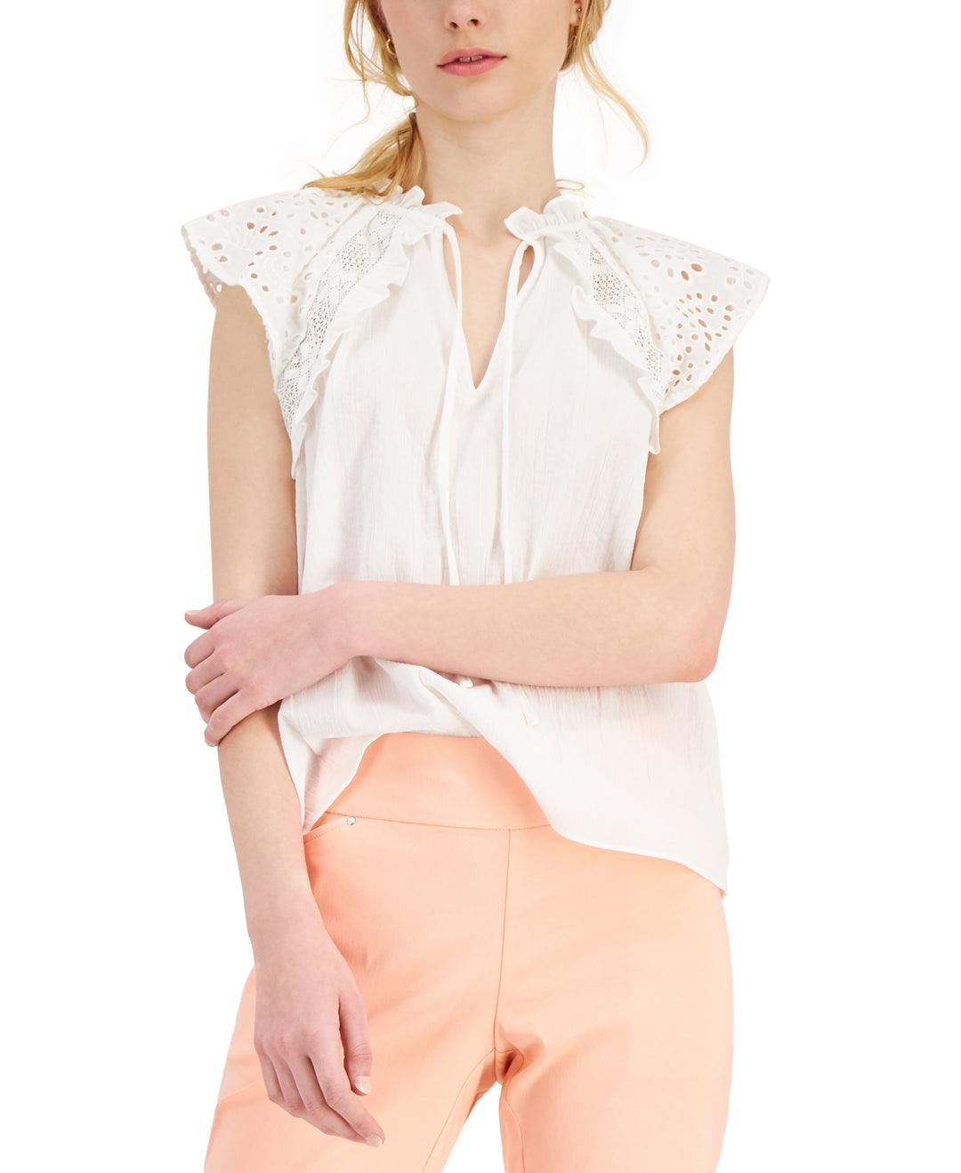 INC International Concepts Cotton Eyelet Trim Top