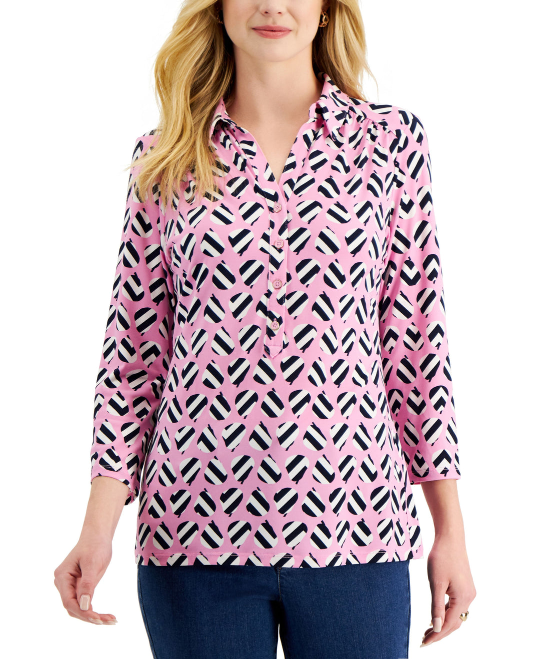 Charter Club Womens Printed Quarter Button Top