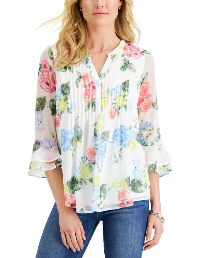 Charter Club Petite Floral Print Flutter Sleeve Pintuck Top