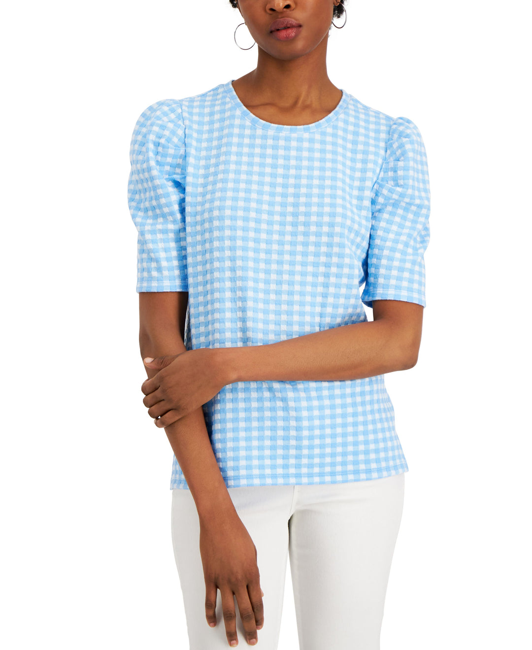 Charter Club Puff Sleeve Check Print Top