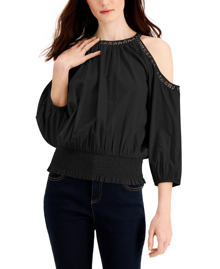 INC International Concepts Crochet Cold Shoulder Smocked Hem Top