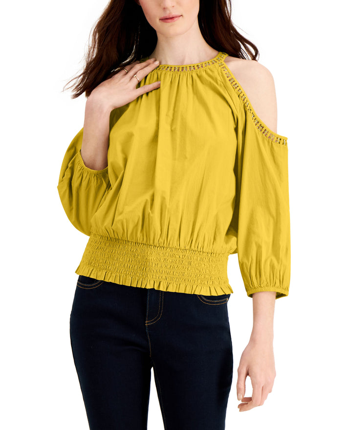 INC International Concepts Crochet Cold Shoulder Smocked Hem Top