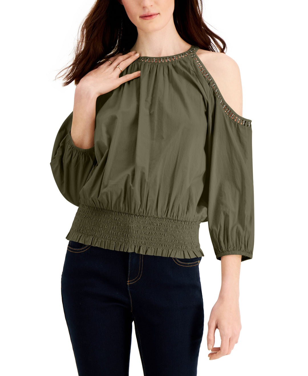 INC International Concepts Crochet Cold Shoulder Smocked Hem Top