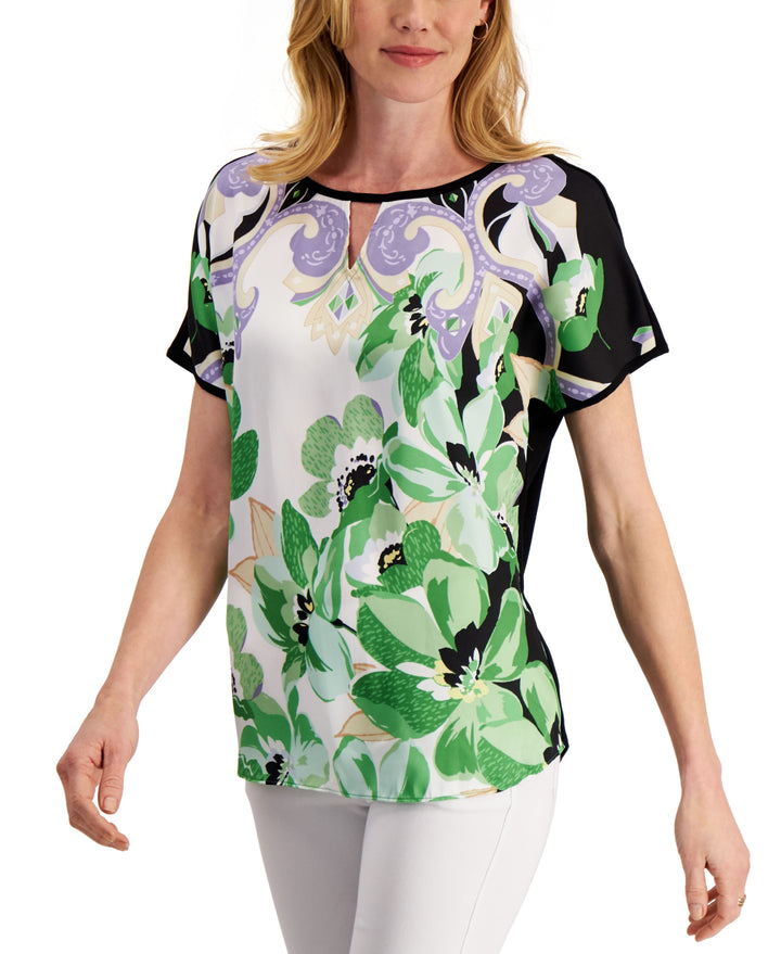 Jm Colleciton Floral Print Keyhole Top