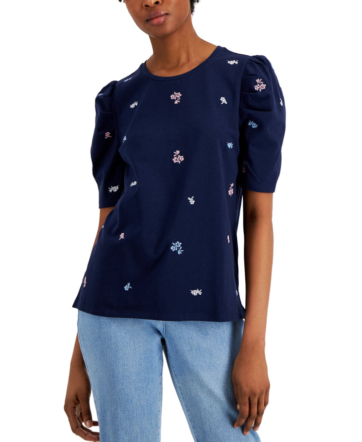 Charter Club Embroidered Puff Sleeve Top