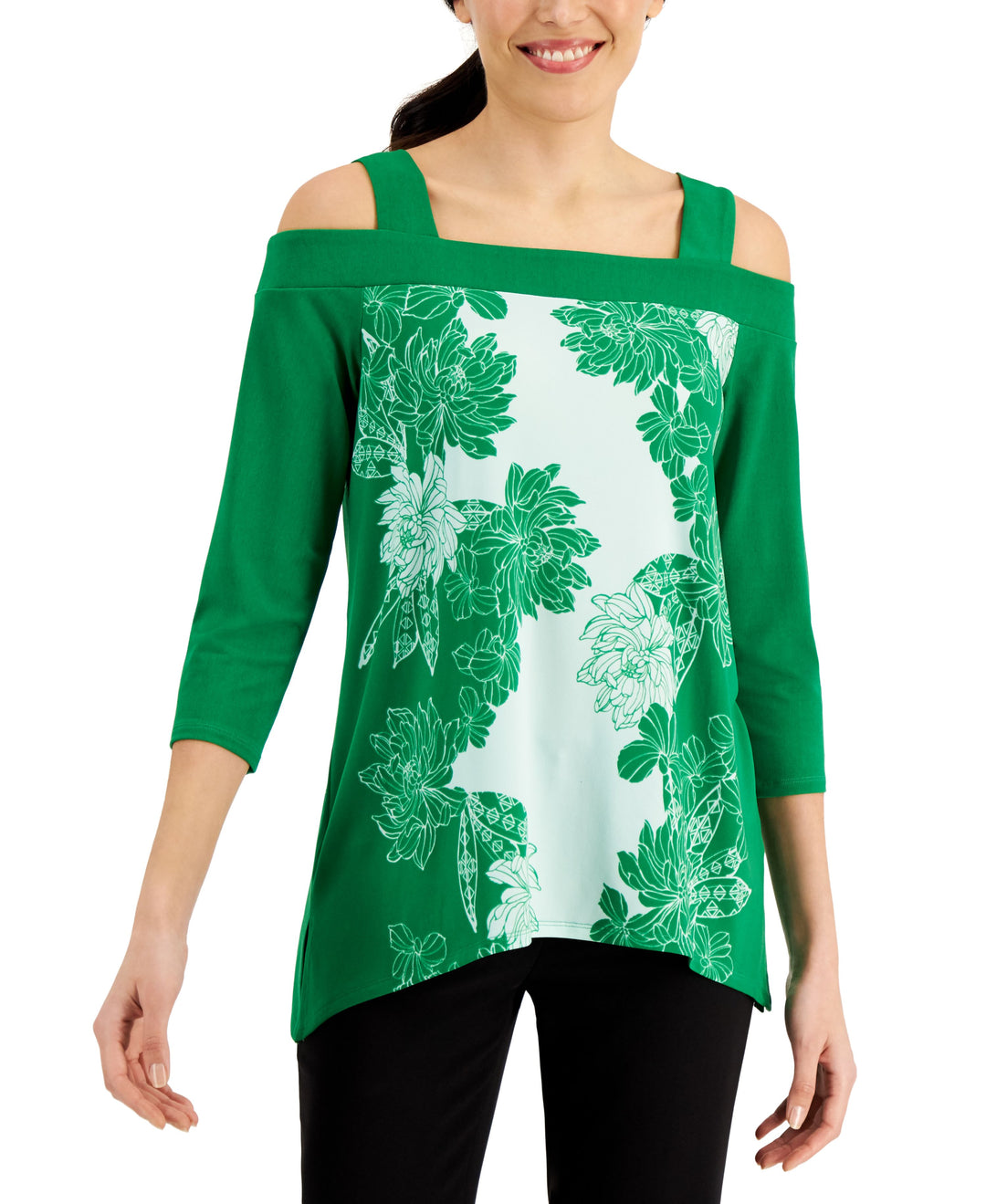 JM Collection Floral Print Cold Shoulder Top