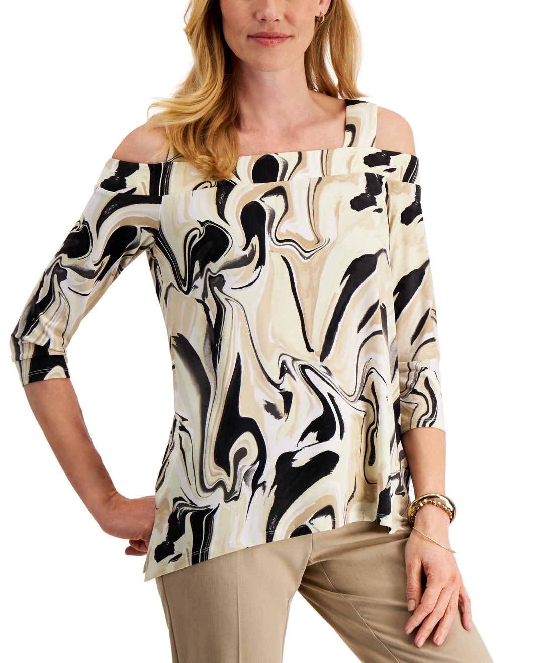 JM Collection Cold Shoulder Printed Top