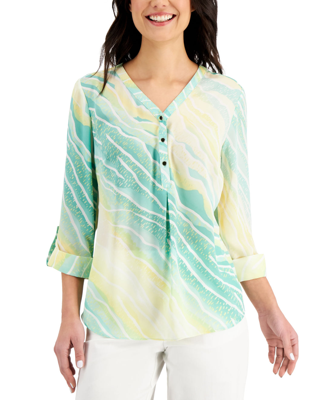 JM Collection Zebra Print Y Neck Roll Tab Top