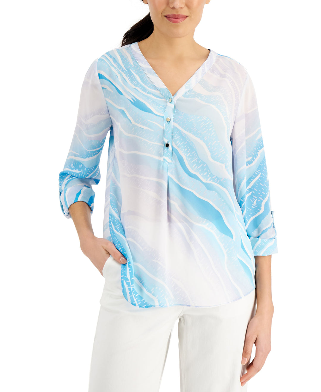 JM Collection Zebra Print Y Neck Roll Tab Top