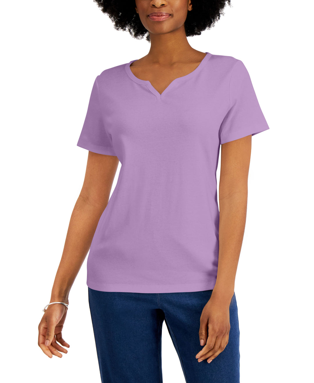 Karen Scott Petite Cotton Split Neck Top